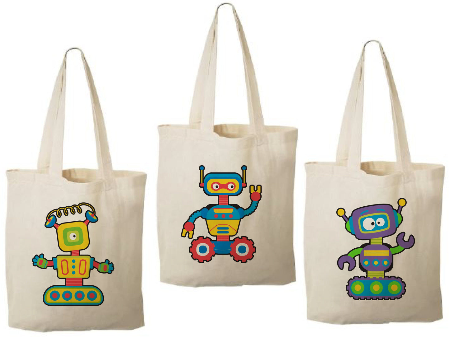 Robot Party Favor Bags – Retro Canvas Goodie Totes, Set of 3