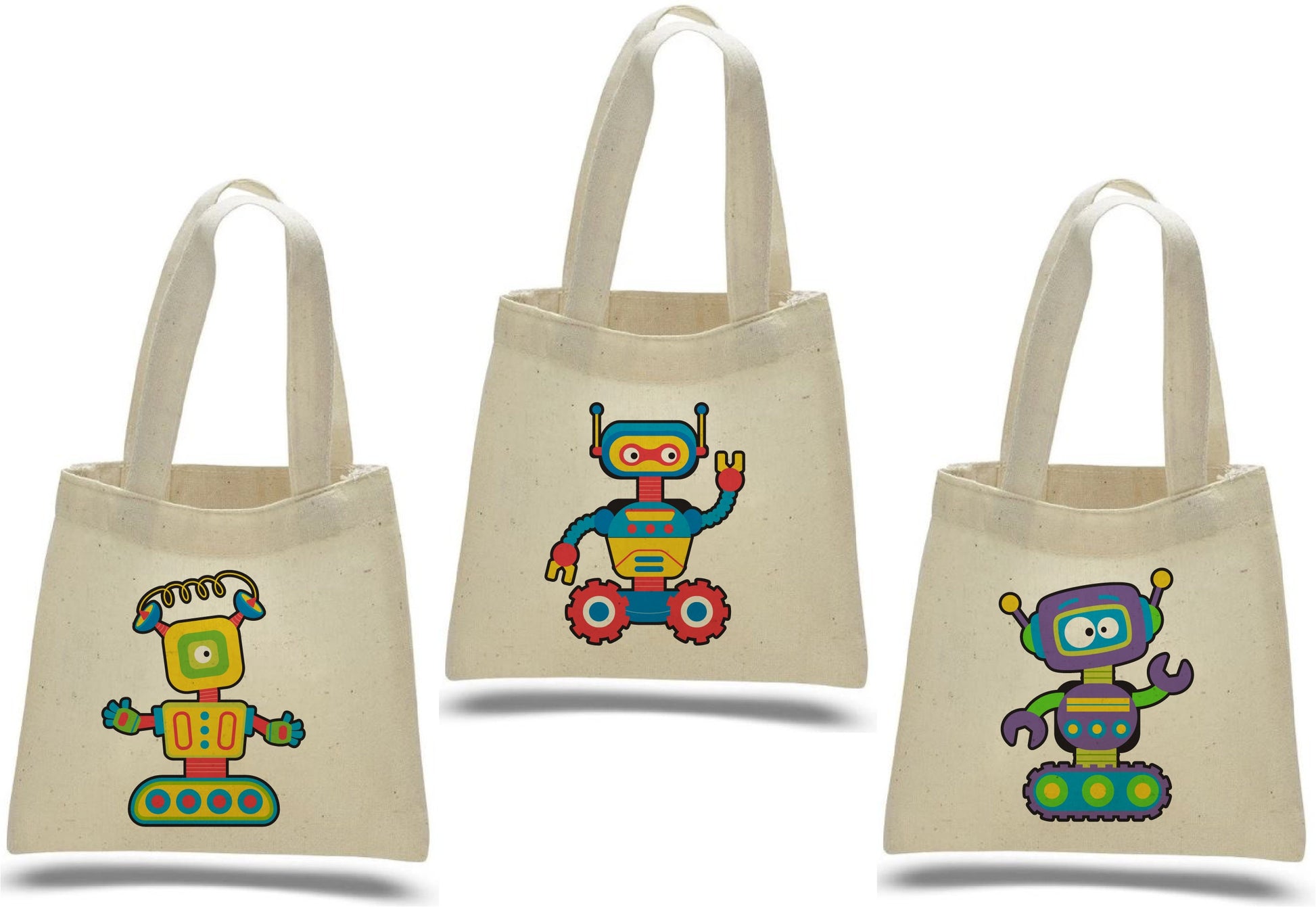 Robot Party Favor Bags – Retro Canvas Goodie Totes, Set of 3