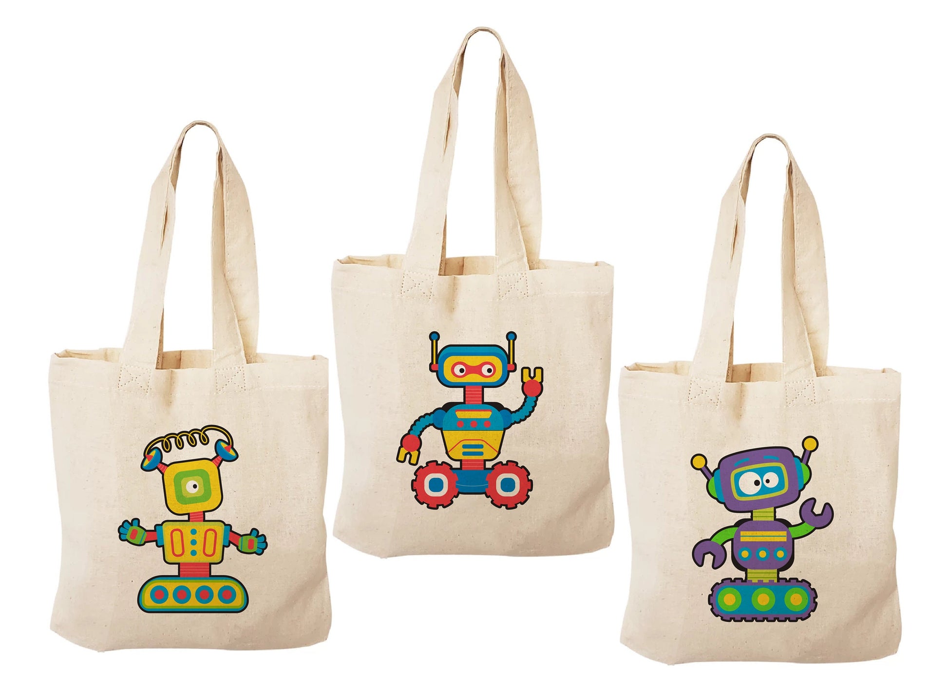 Robot Party Favor Bags – Retro Canvas Goodie Totes, Set of 3