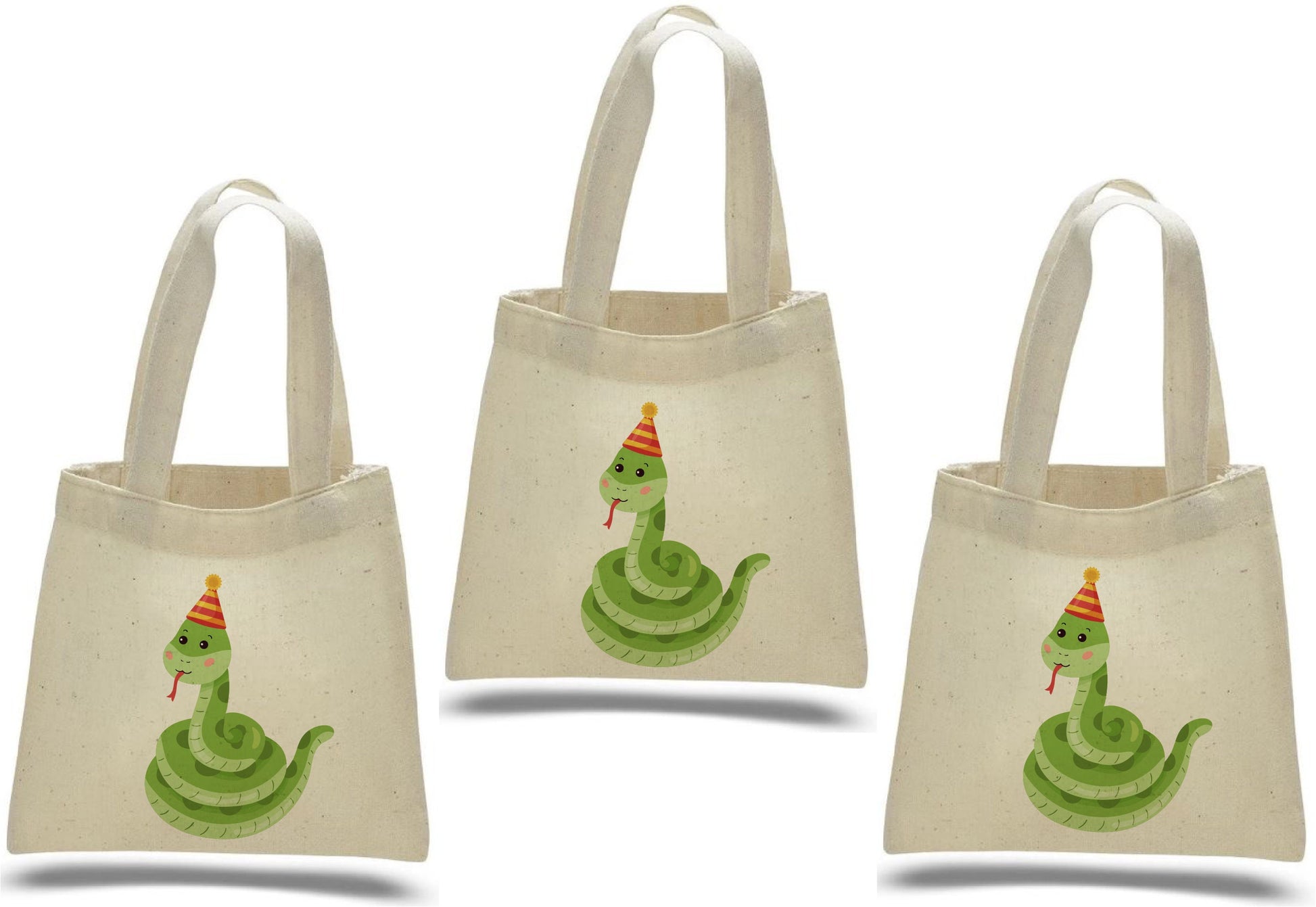 Snake Party Favor Bags - Reusable Canvas Goodie Bags - Set of Three