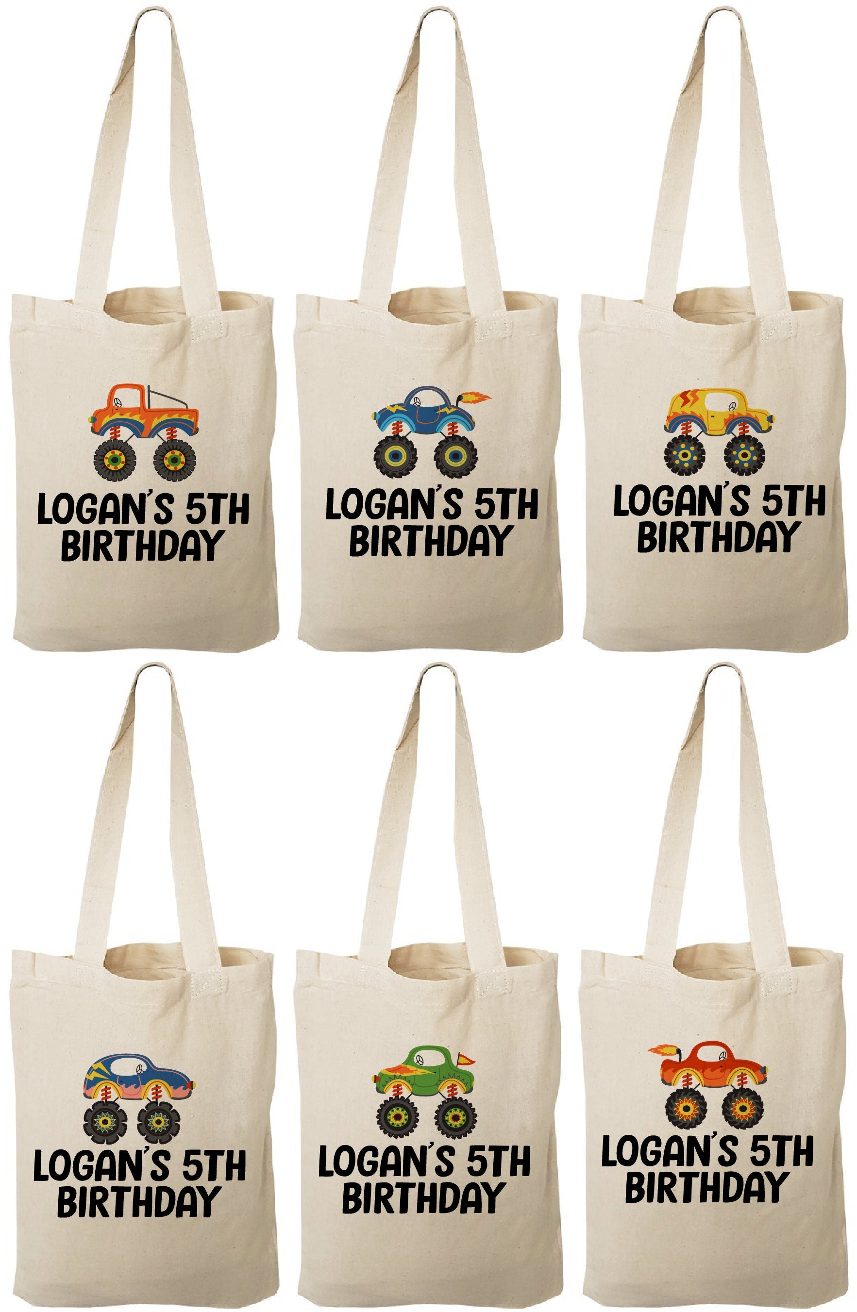 Monster Truck Party Favor Bags, Set of 6 Cotton Treat Bags
