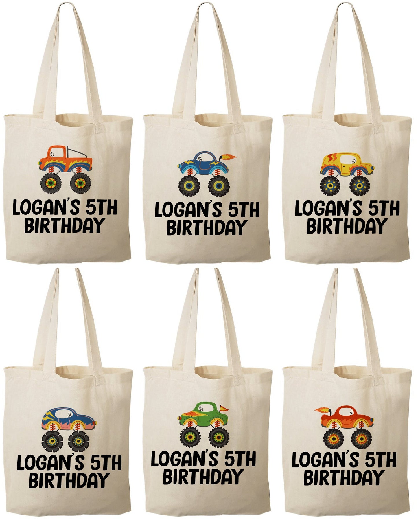 Monster Truck Party Favor Bags, Set of 6 Cotton Treat Bags