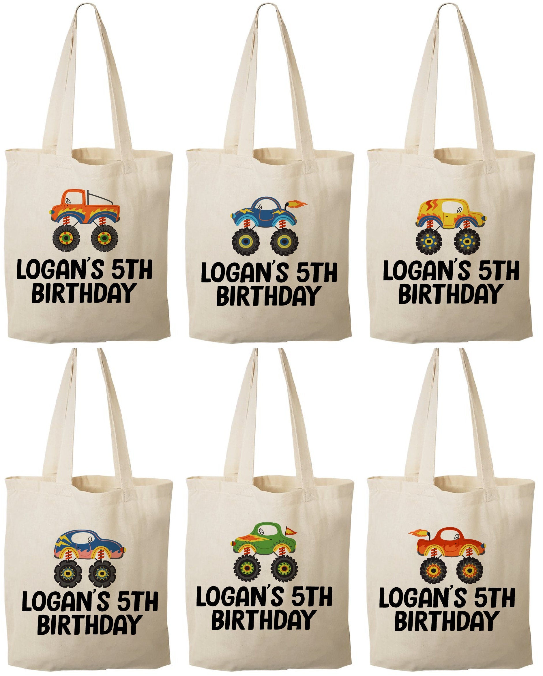 Monster Truck Party Favor Bags, Set of 6 Cotton Treat Bags
