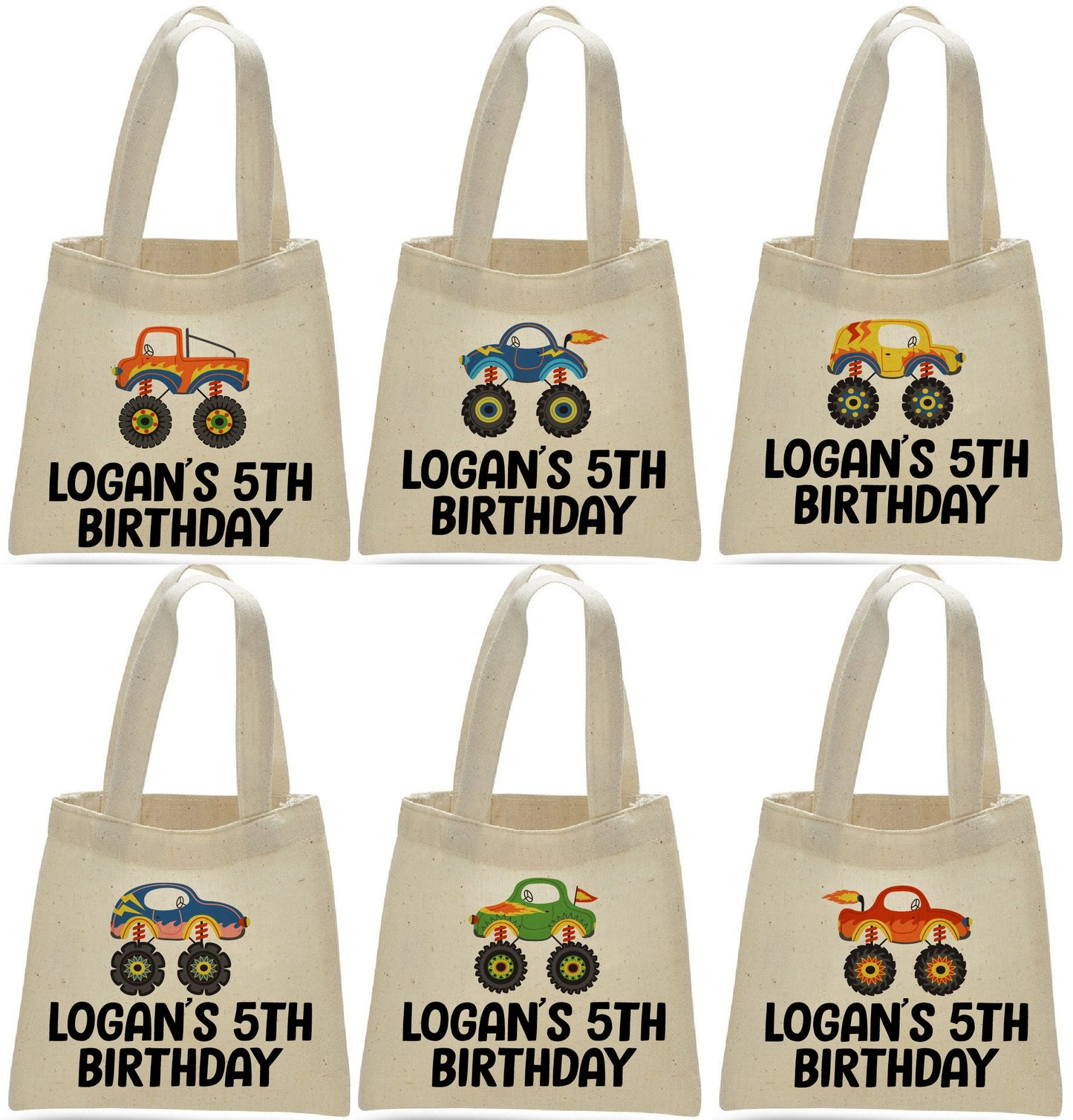 Monster Truck Party Favor Bags, Set of 6 Cotton Treat Bags