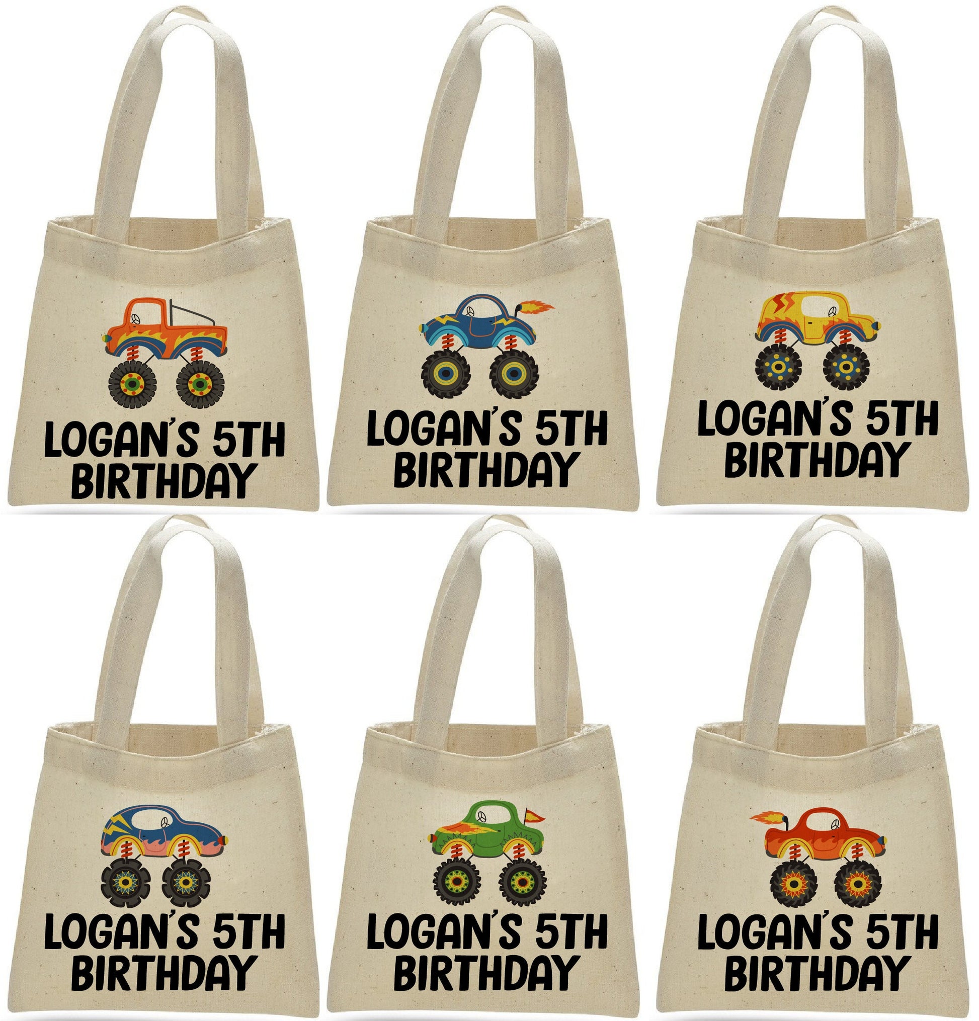 Monster Truck Party Favor Bags, Set of 6 Cotton Treat Bags