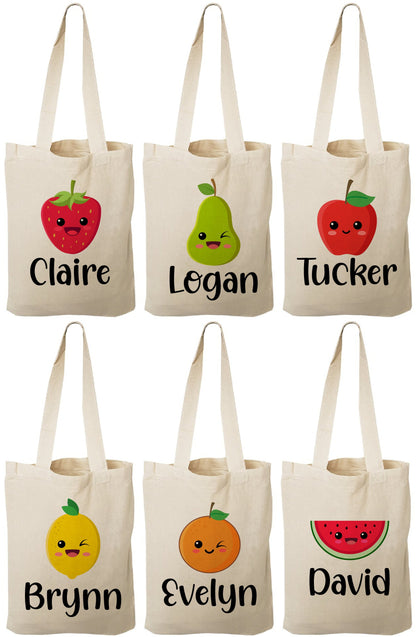 Personalized Fruit Party Favor Bags – Set of Six Custom Canvas Totes