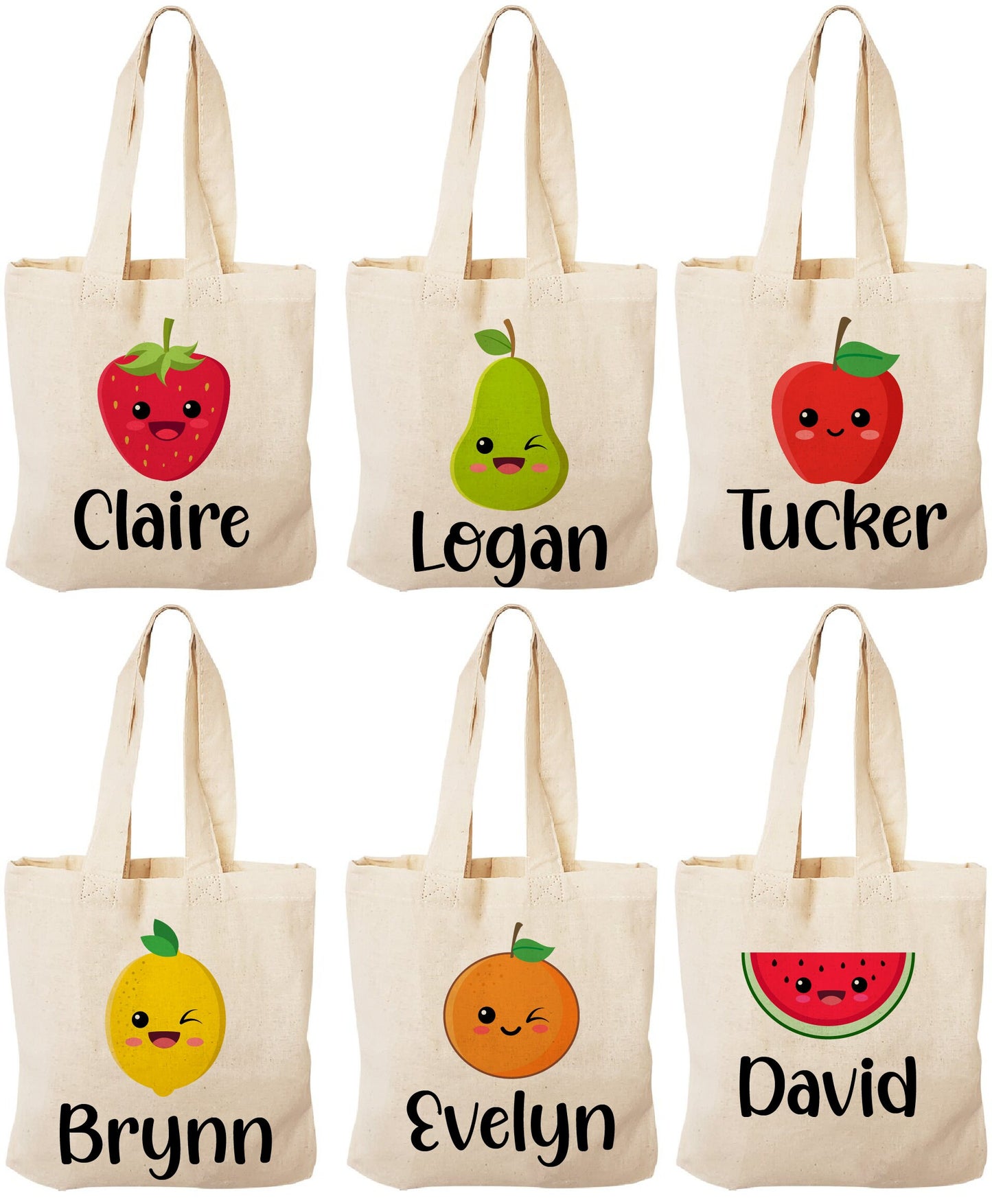 Personalized Fruit Party Favor Bags – Set of Six Custom Canvas Totes