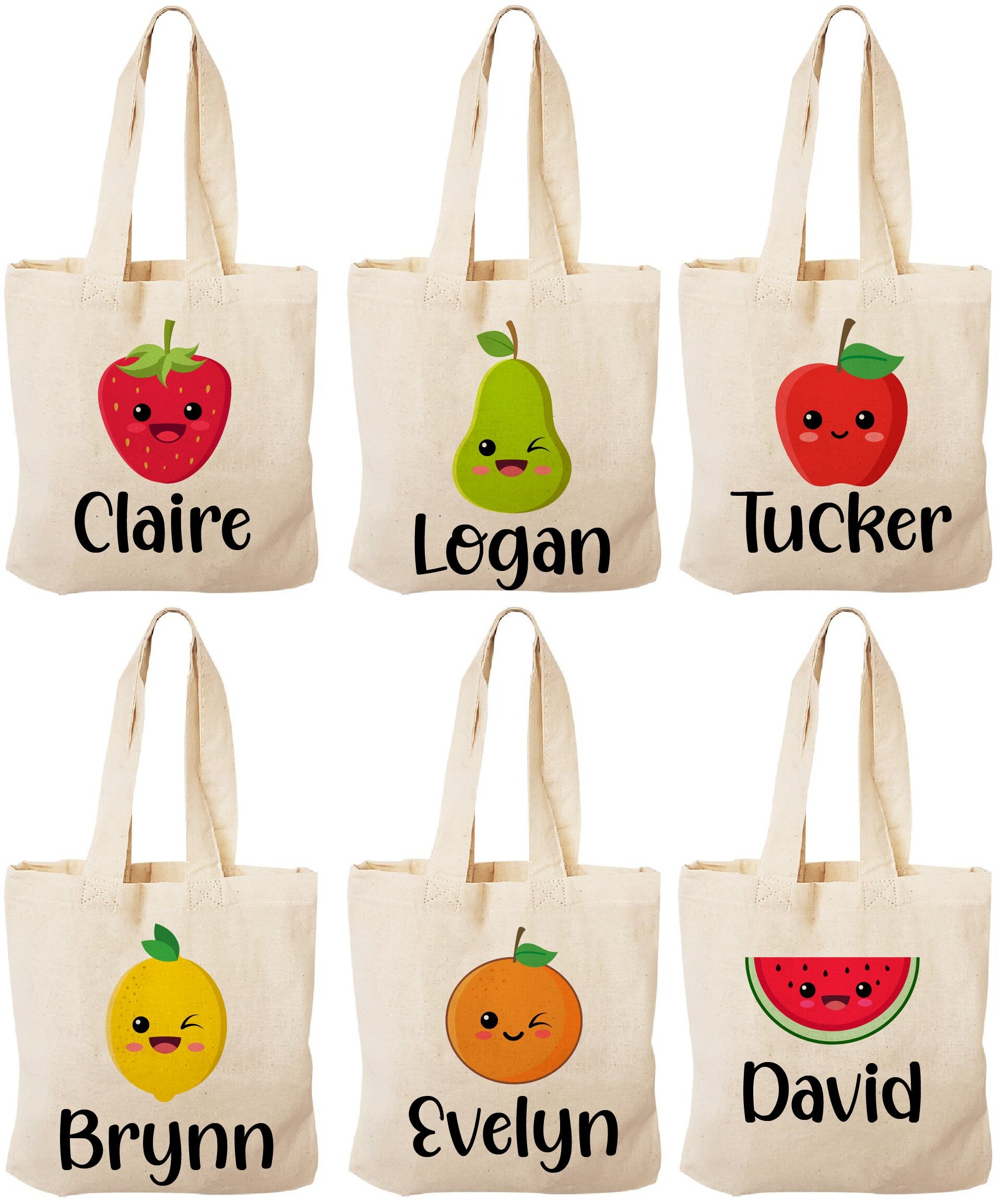Personalized Fruit Party Favor Bags – Set of Six Custom Canvas Totes