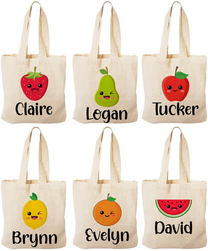 Personalized Fruit Party Favor Bags – Set of Six Custom Canvas Totes
