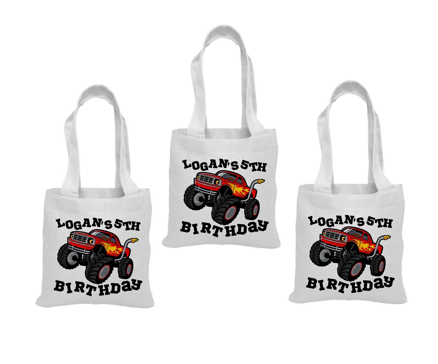 Monster Truck Party Favor Bags, Personalized Cotton Gift Bags, Set of 3