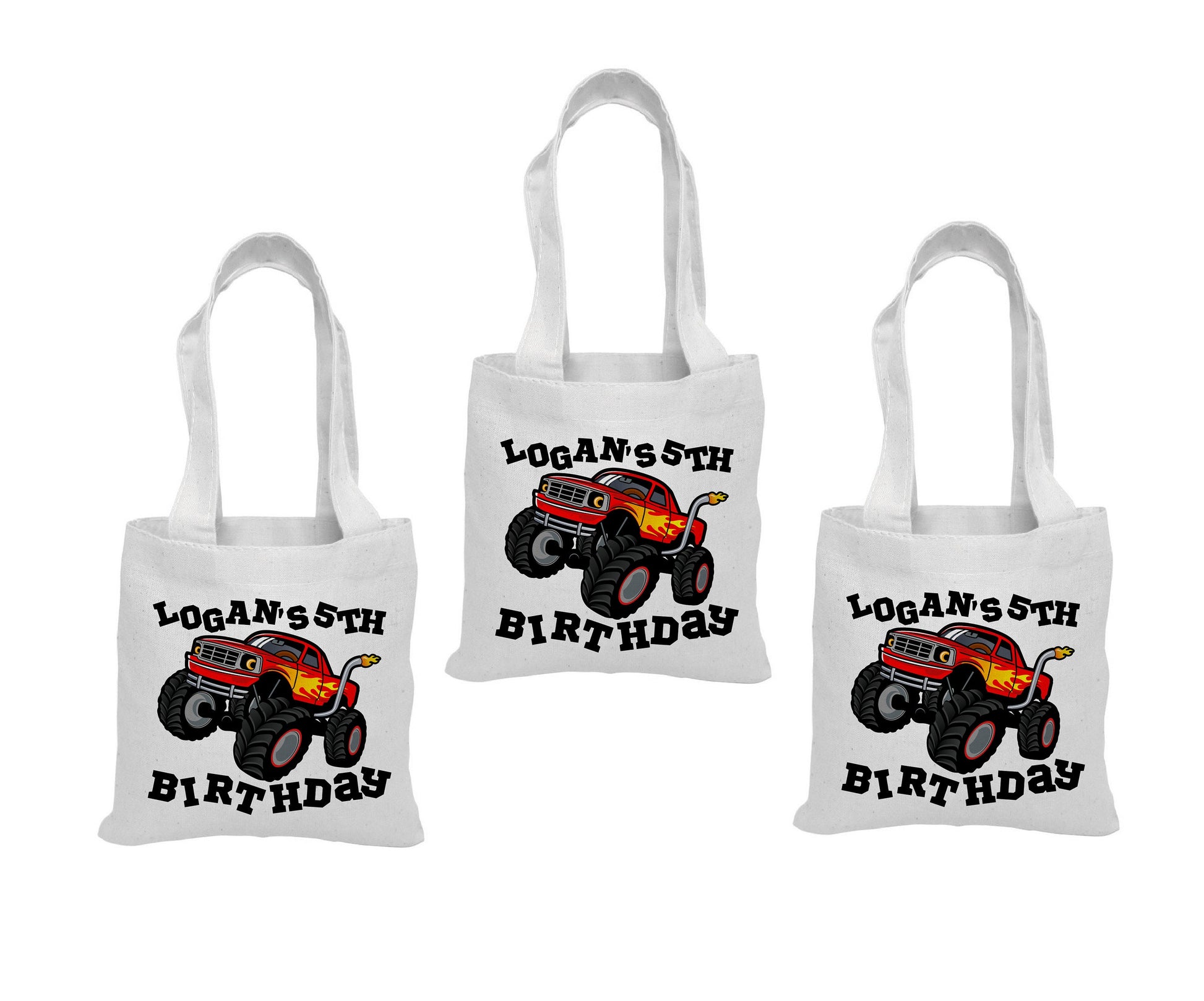 Monster Truck Party Favor Bags, Personalized Cotton Gift Bags, Set of 3