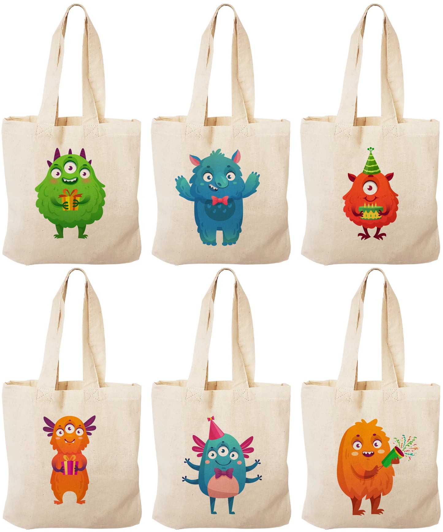 6 Monster Party Favor Bags, Cotton Treat Bags