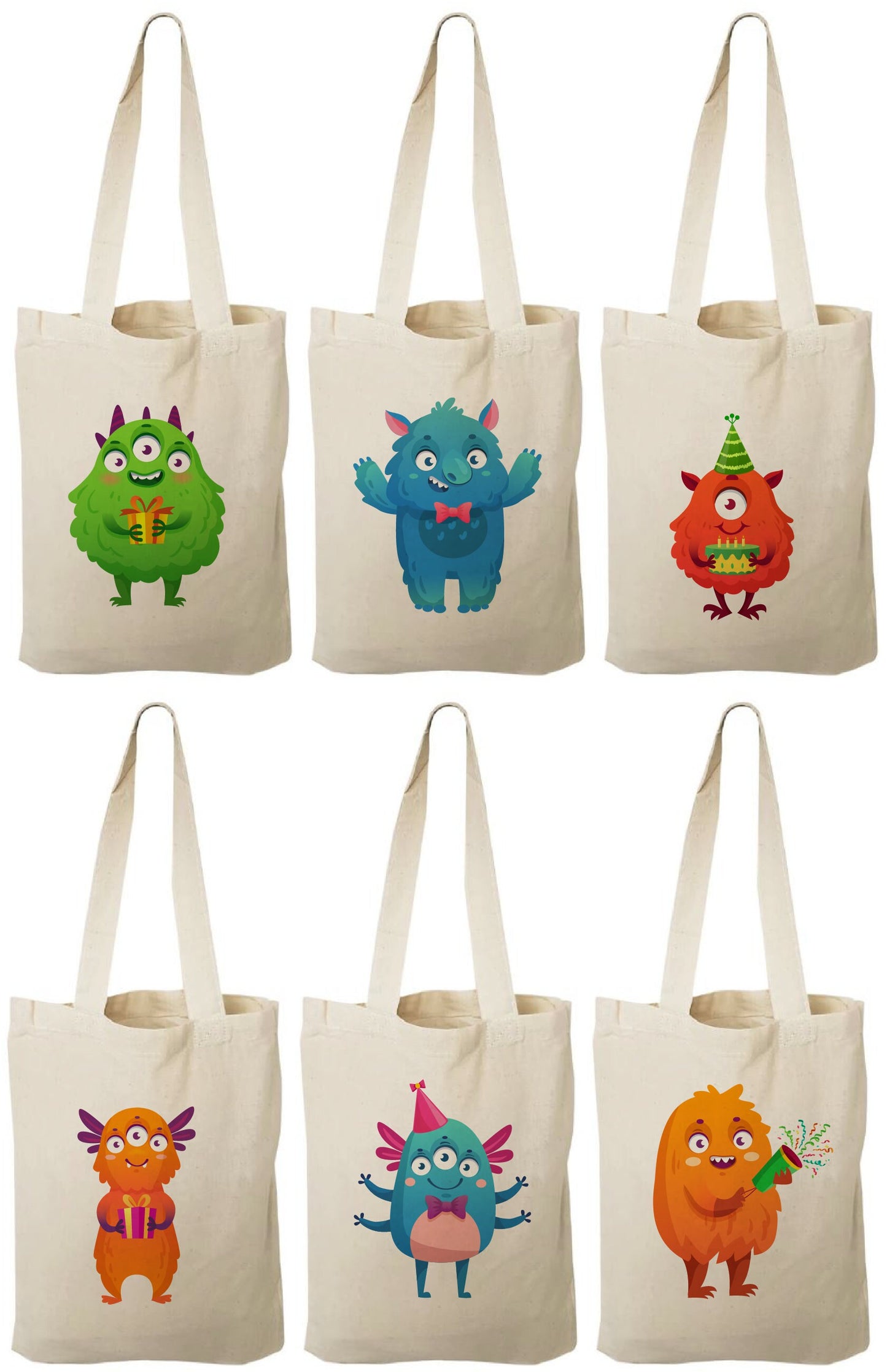 6 Monster Party Favor Bags, Cotton Treat Bags