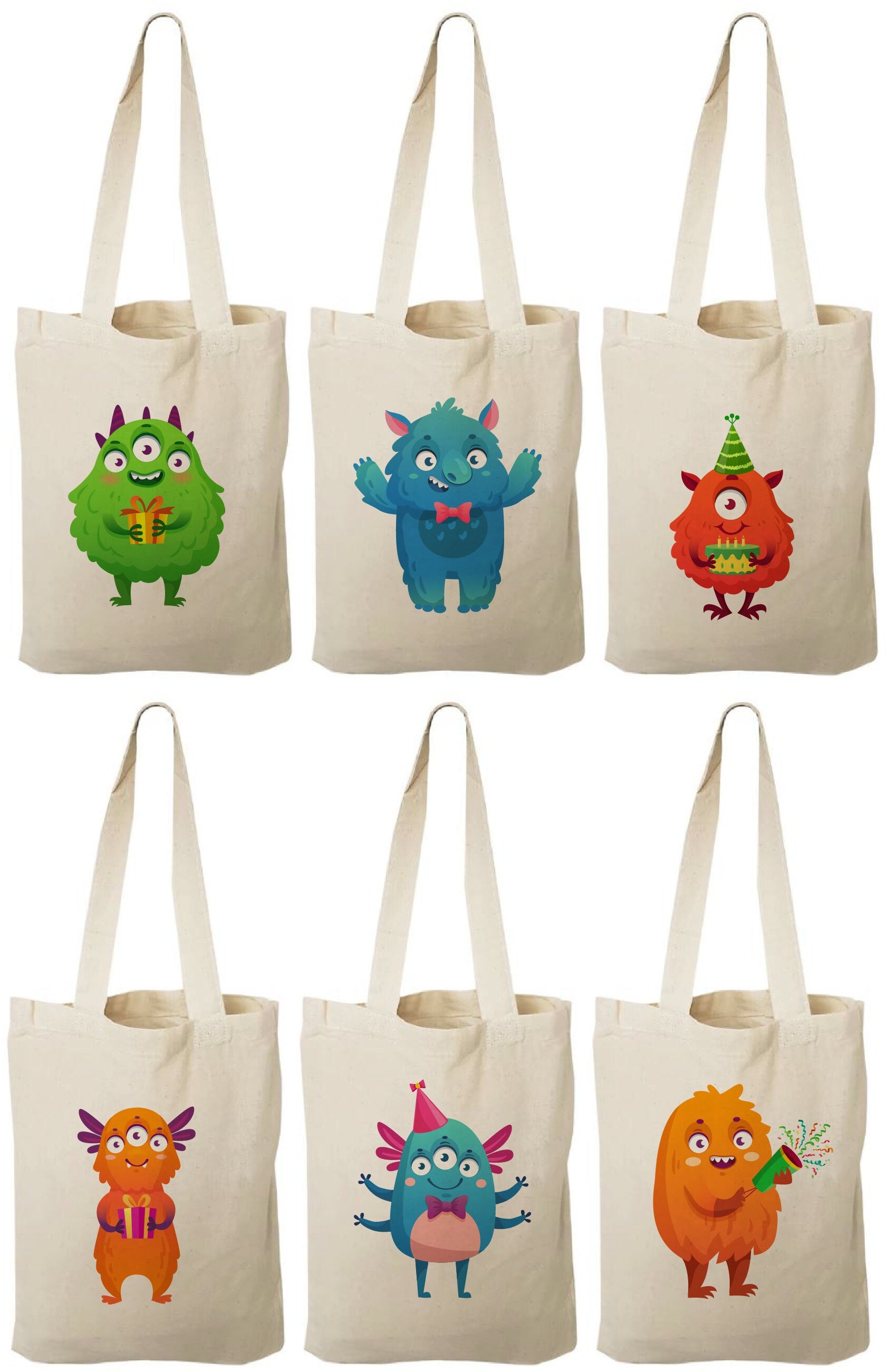 6 Monster Party Favor Bags, Cotton Treat Bags