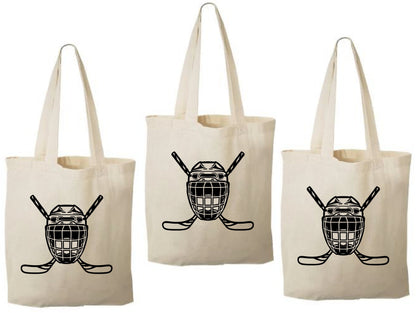 Hockey Party Favor Bags - Goalie Mask Canvas Goodie Bag, Set of 3