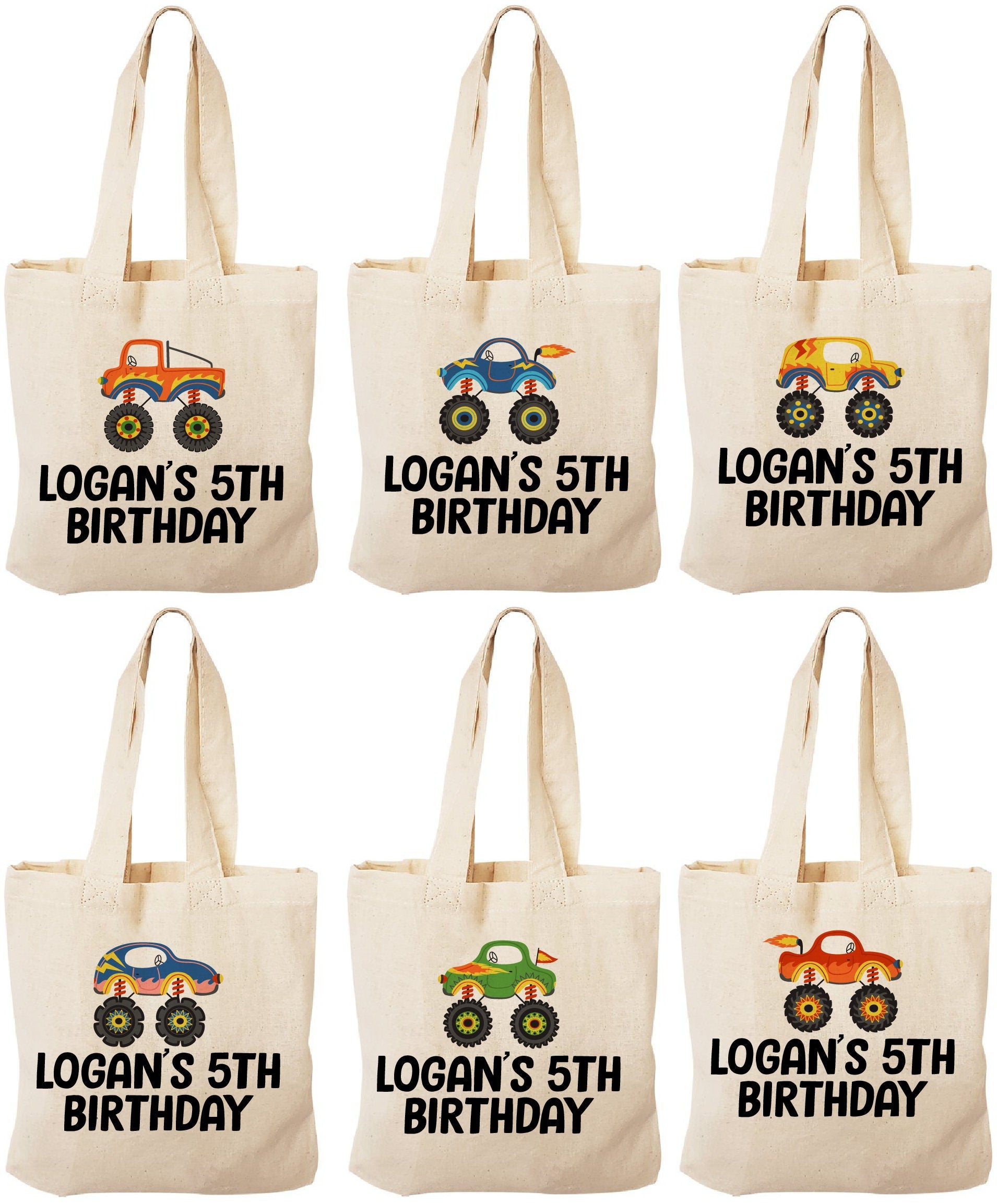 Monster Truck Party Favor Bags, Set of 6 Cotton Treat Bags