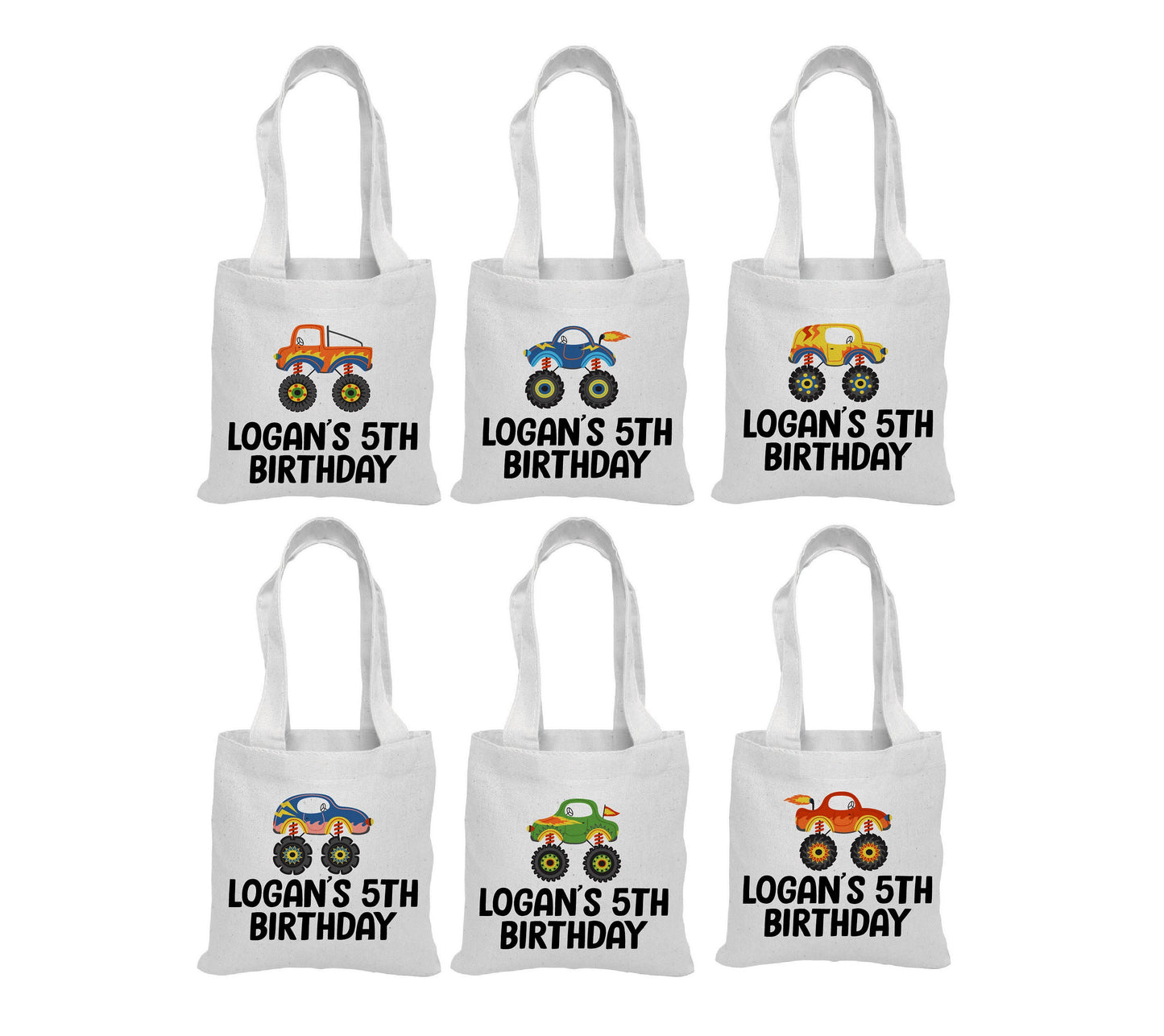 Monster Truck Party Favor Bags, Set of 6 Cotton Treat Bags