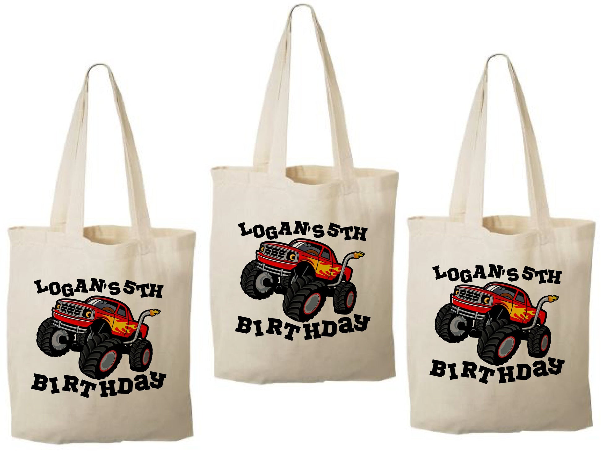 Monster Truck Party Favor Bags, Personalized Cotton Gift Bags, Set of 3