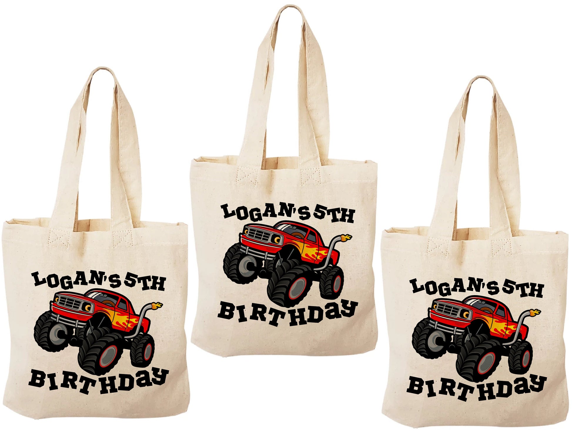 Monster Truck Party Favor Bags, Personalized Cotton Gift Bags, Set of 3