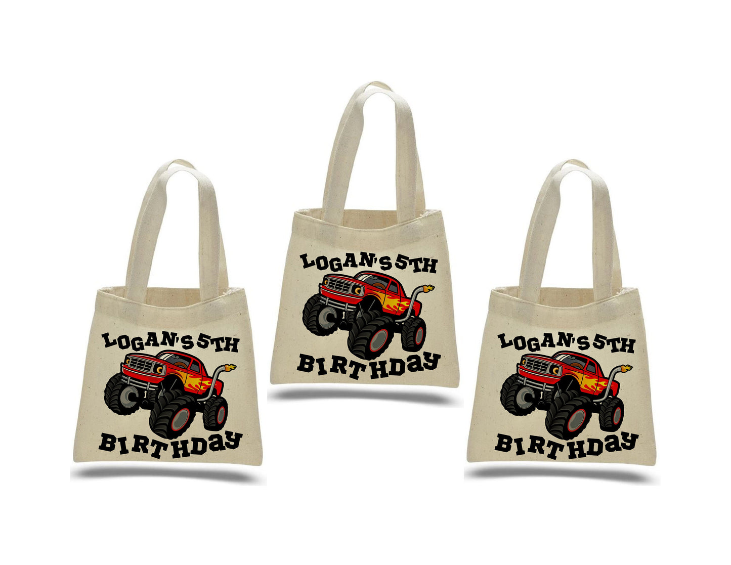 Monster Truck Party Favor Bags, Personalized Cotton Gift Bags, Set of 3