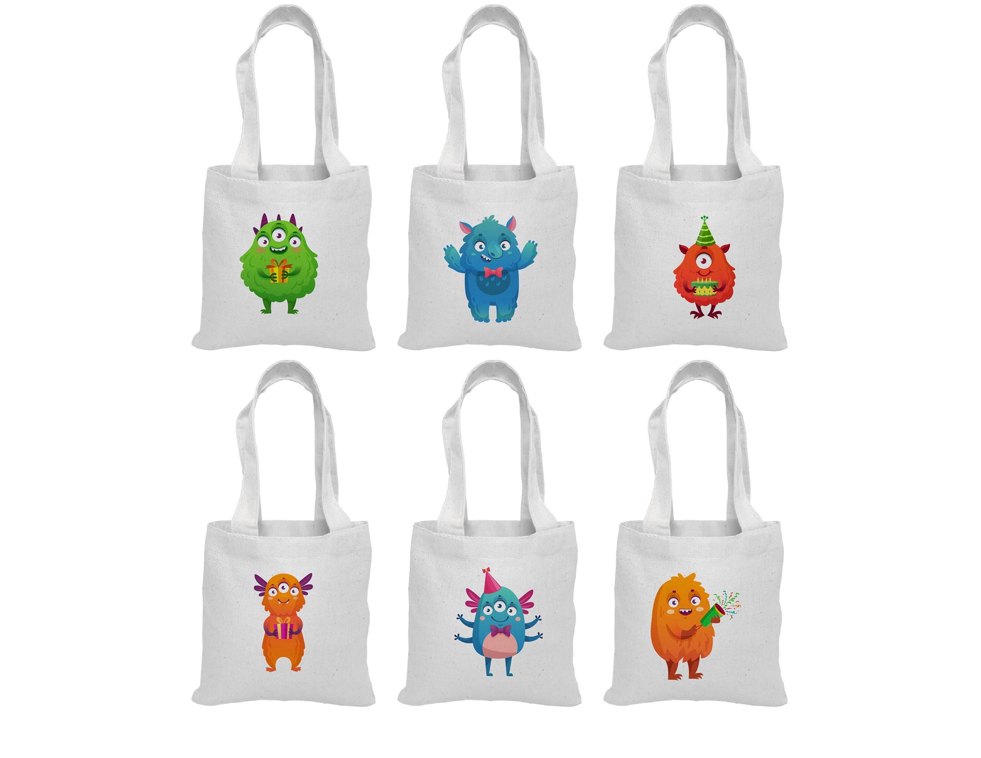 6 Monster Party Favor Bags, Cotton Treat Bags