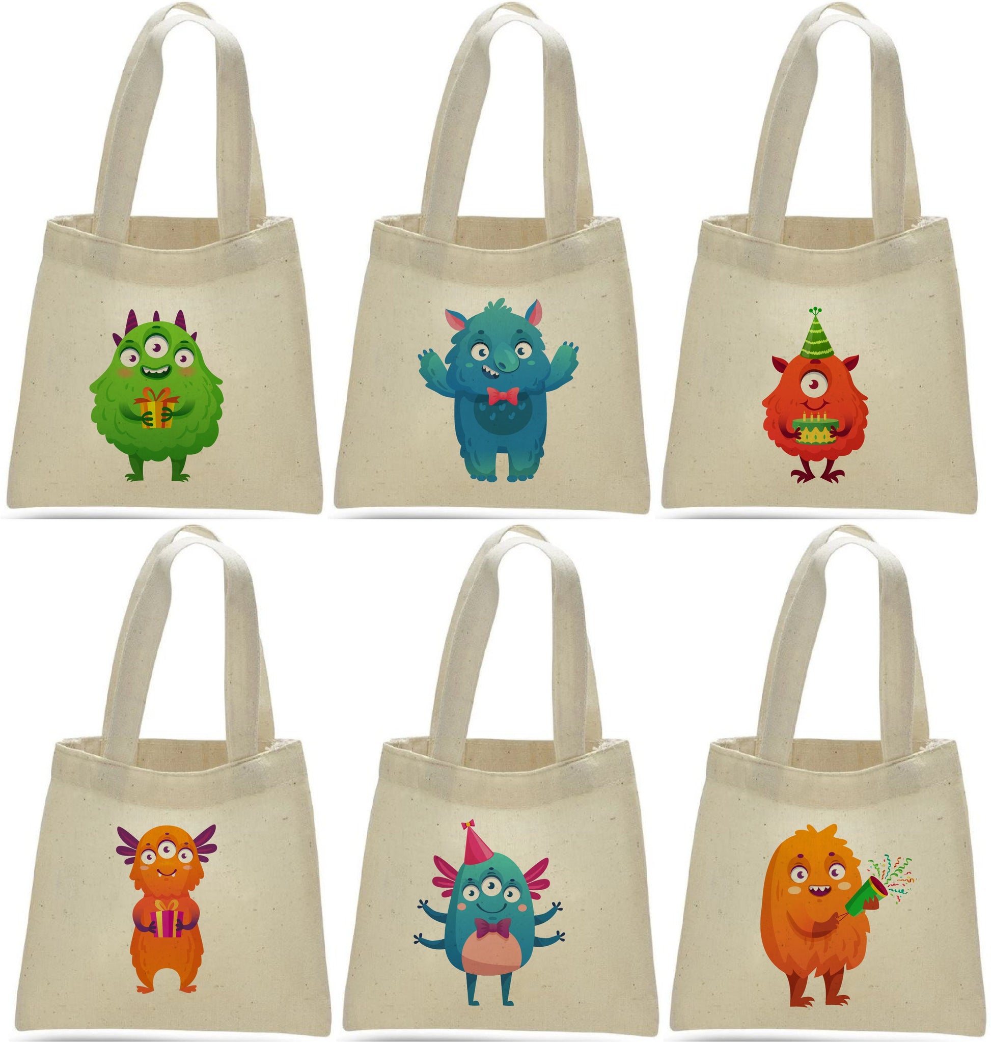 6 Monster Party Favor Bags, Cotton Treat Bags