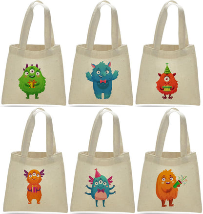 6 Monster Party Favor Bags, Cotton Treat Bags
