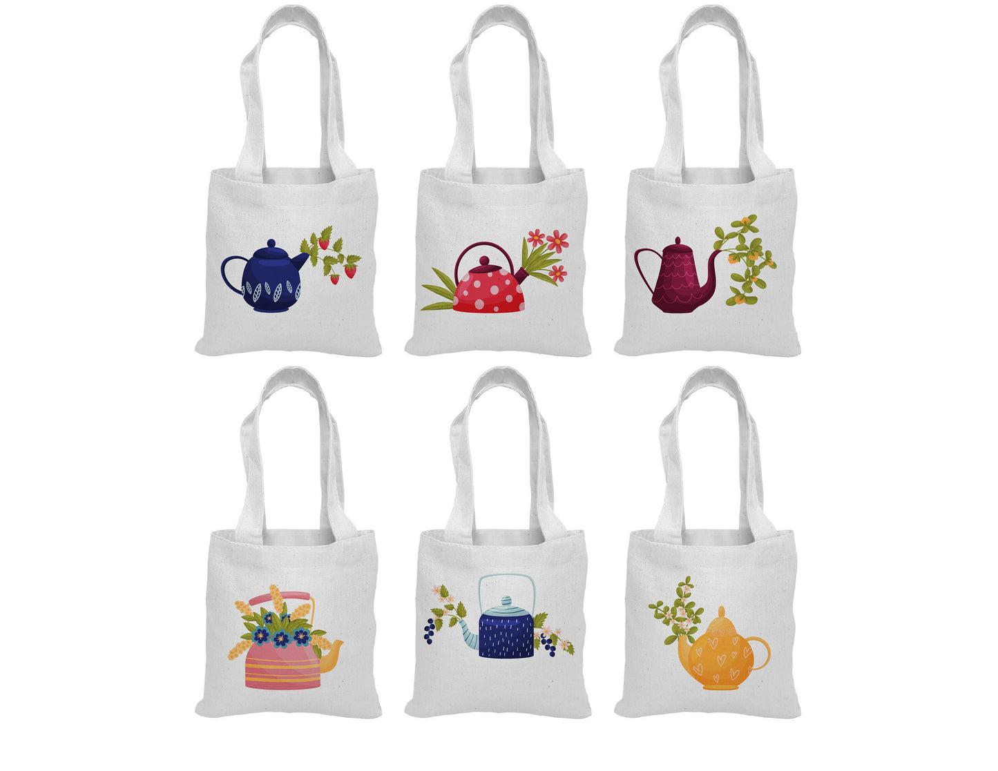 Tea Party Favor Bags - Cotton Teapot Mini Totes, Set of 6