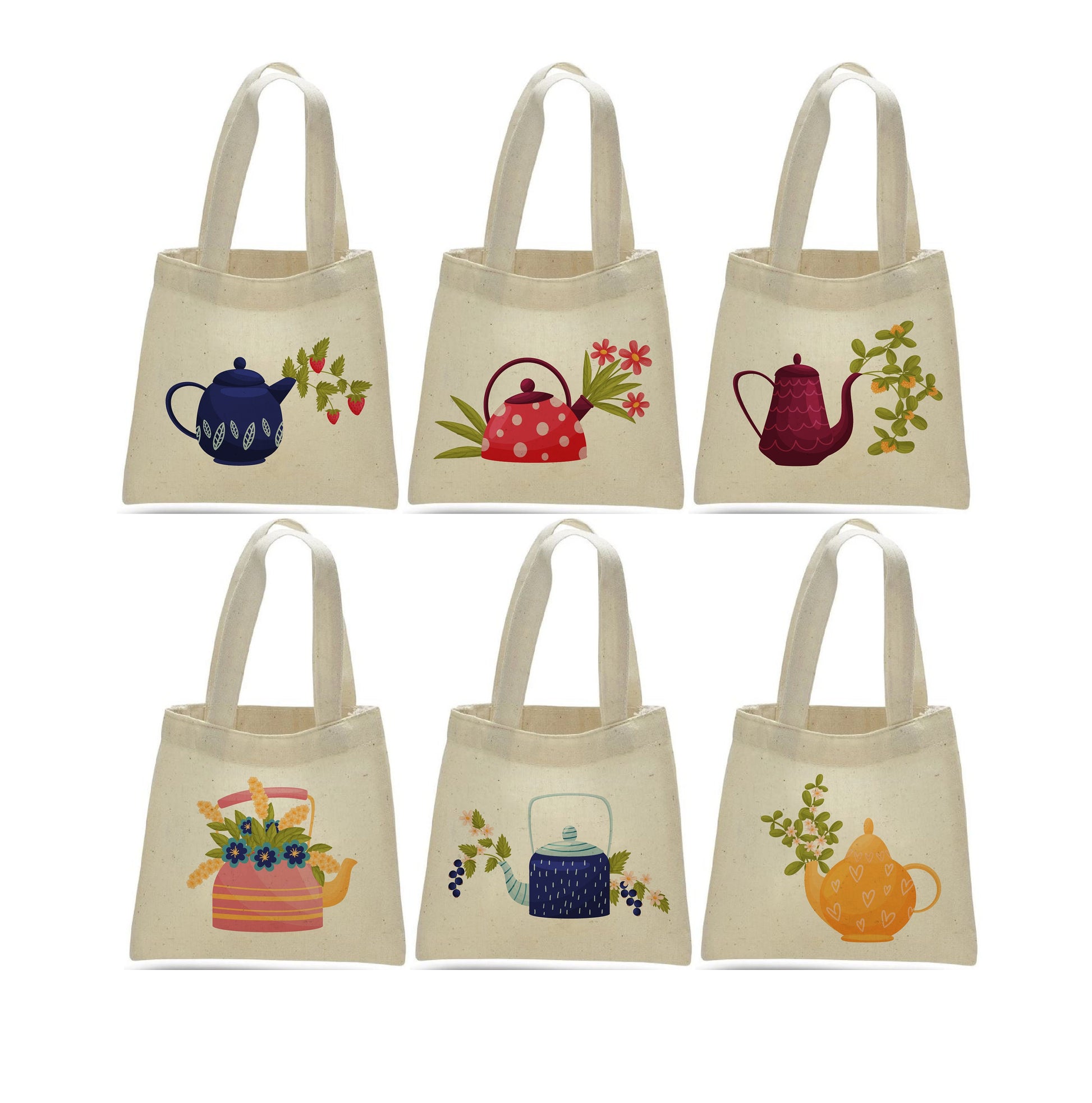Tea Party Favor Bags - Cotton Teapot Mini Totes, Set of 6