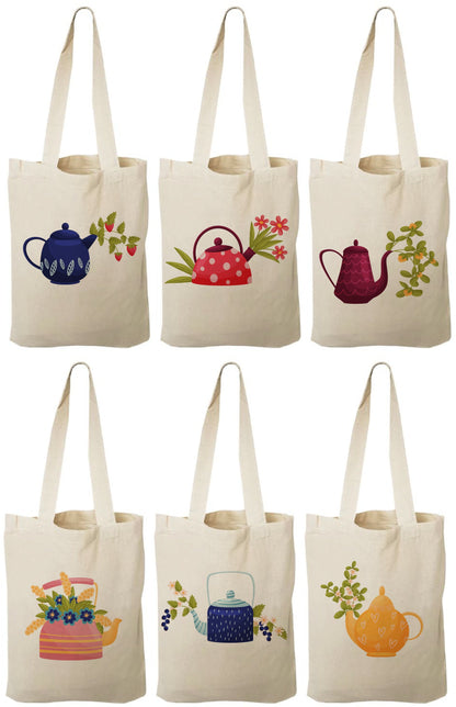 Tea Party Favor Bags - Cotton Teapot Mini Totes, Set of 6
