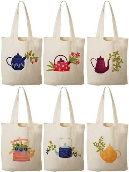 Tea Party Favor Bags - Cotton Teapot Mini Totes, Set of 6