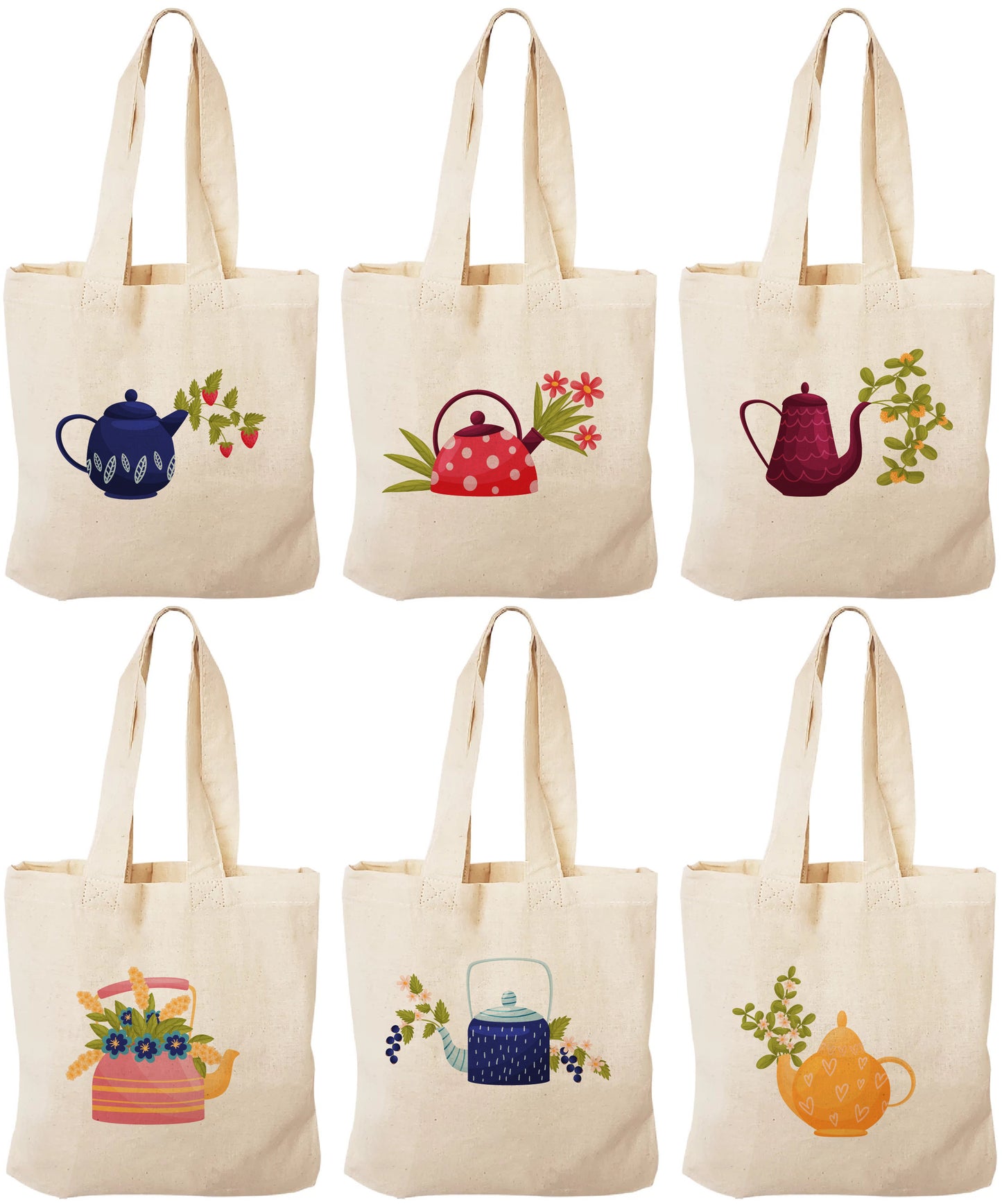 Tea Party Favor Bags - Cotton Teapot Mini Totes, Set of 6