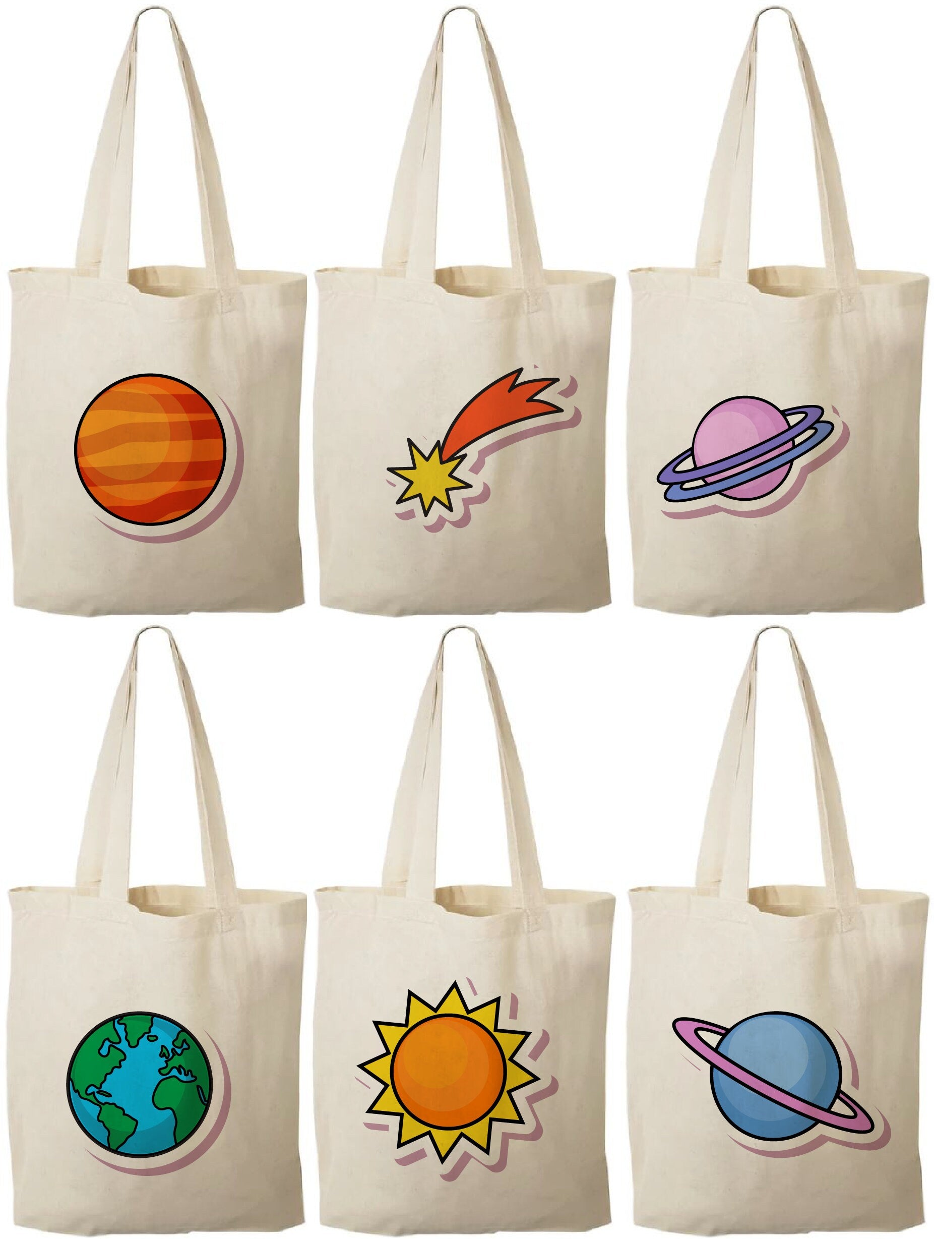 6 Space Treat Bags, Solar System Cotton Party Favor Bags