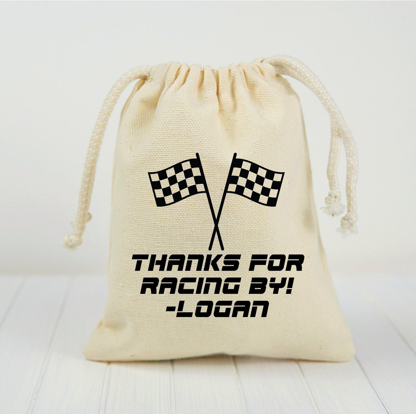 Personalized Checkered Flag Cotton Favor Bags – Race Car Party