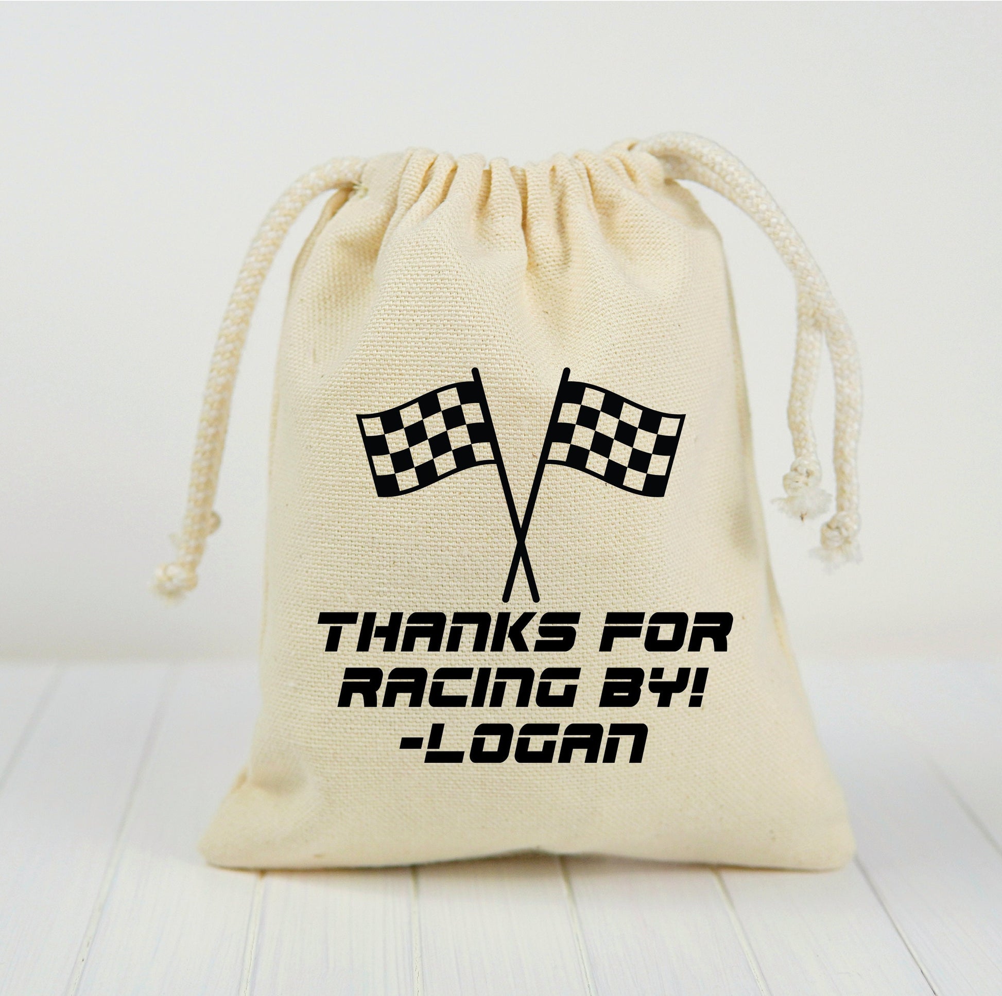 Personalized Checkered Flag Cotton Favor Bags – Race Car Party