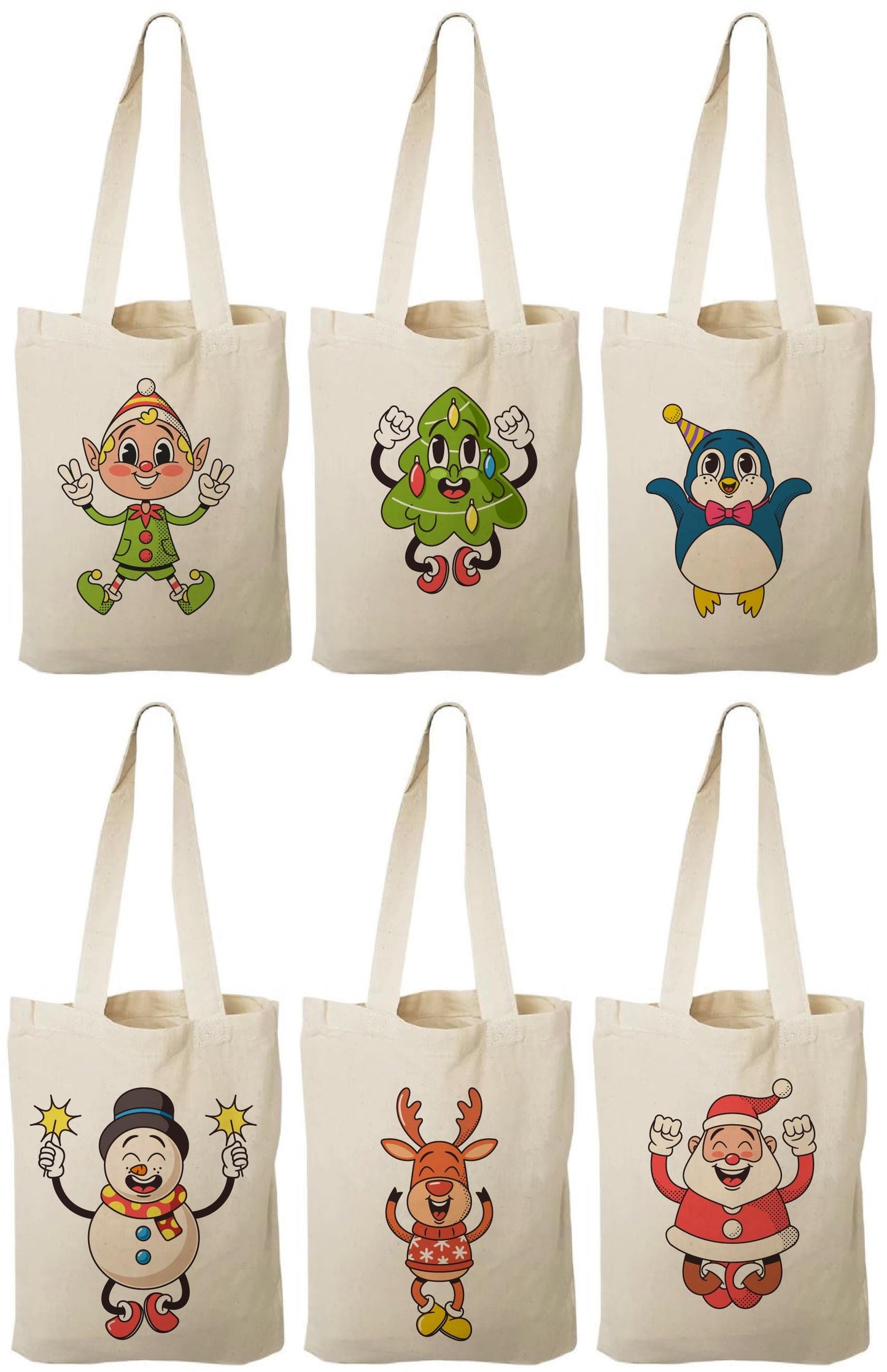 Retro Christmas Cotton Favor Bags – Set of 6, Vintage Characters