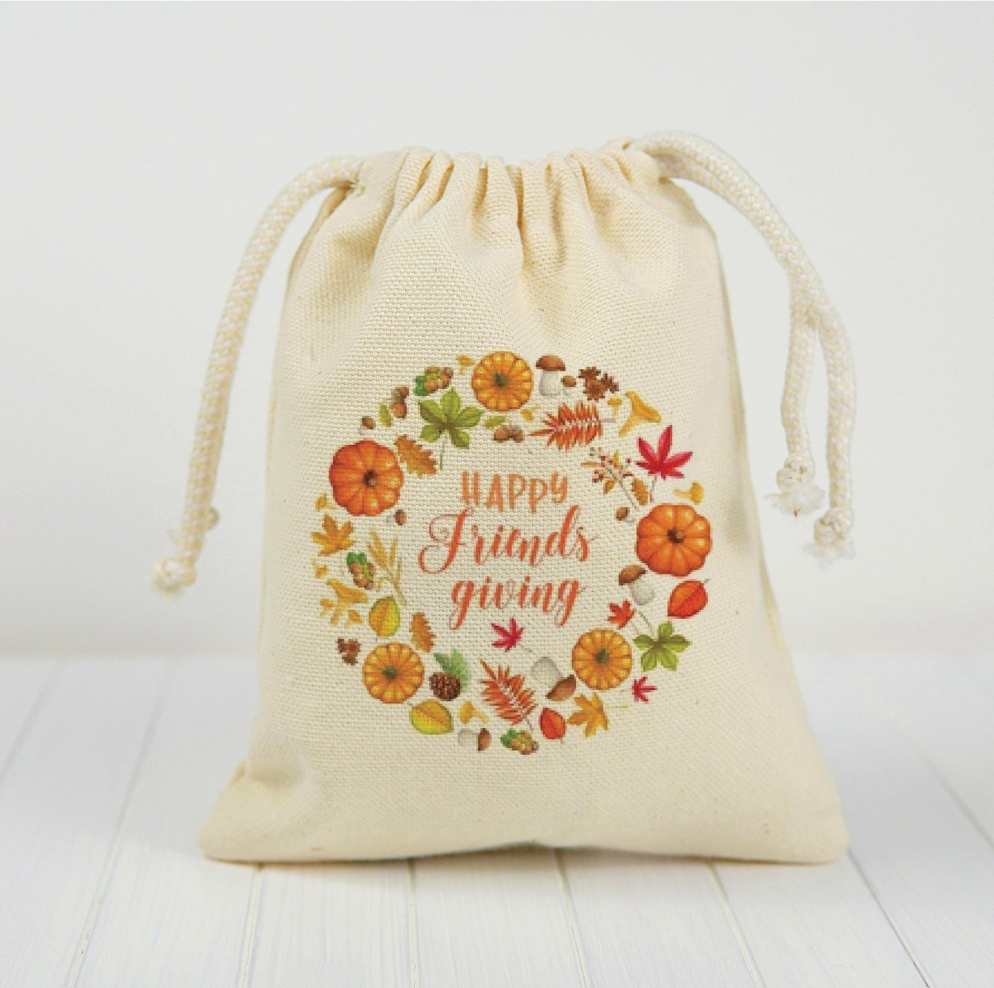 Friendsgiving Favor Bags - Autumn Wreath Cotton Drawstring