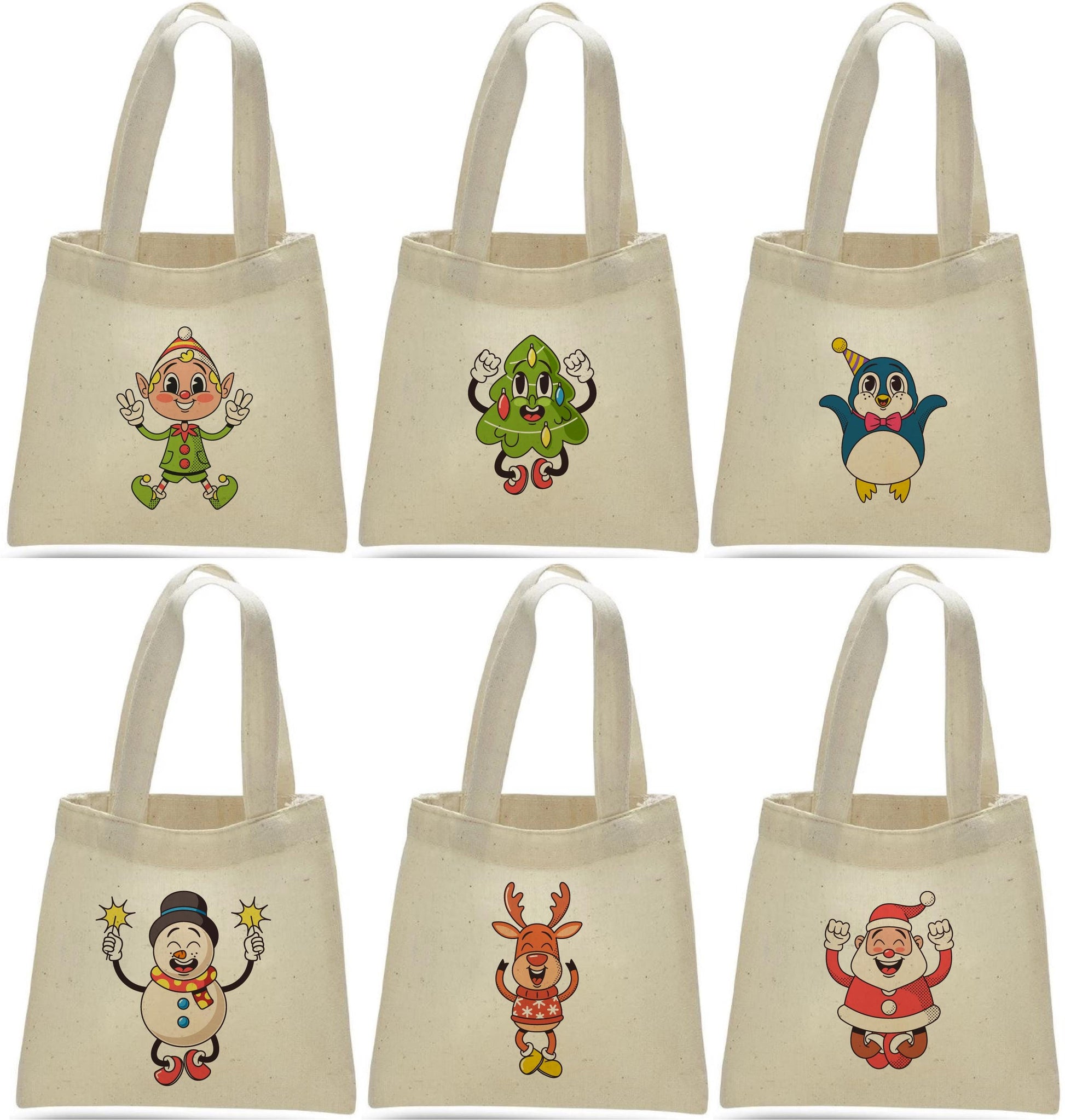 Retro Christmas Cotton Favor Bags – Set of 6, Vintage Characters