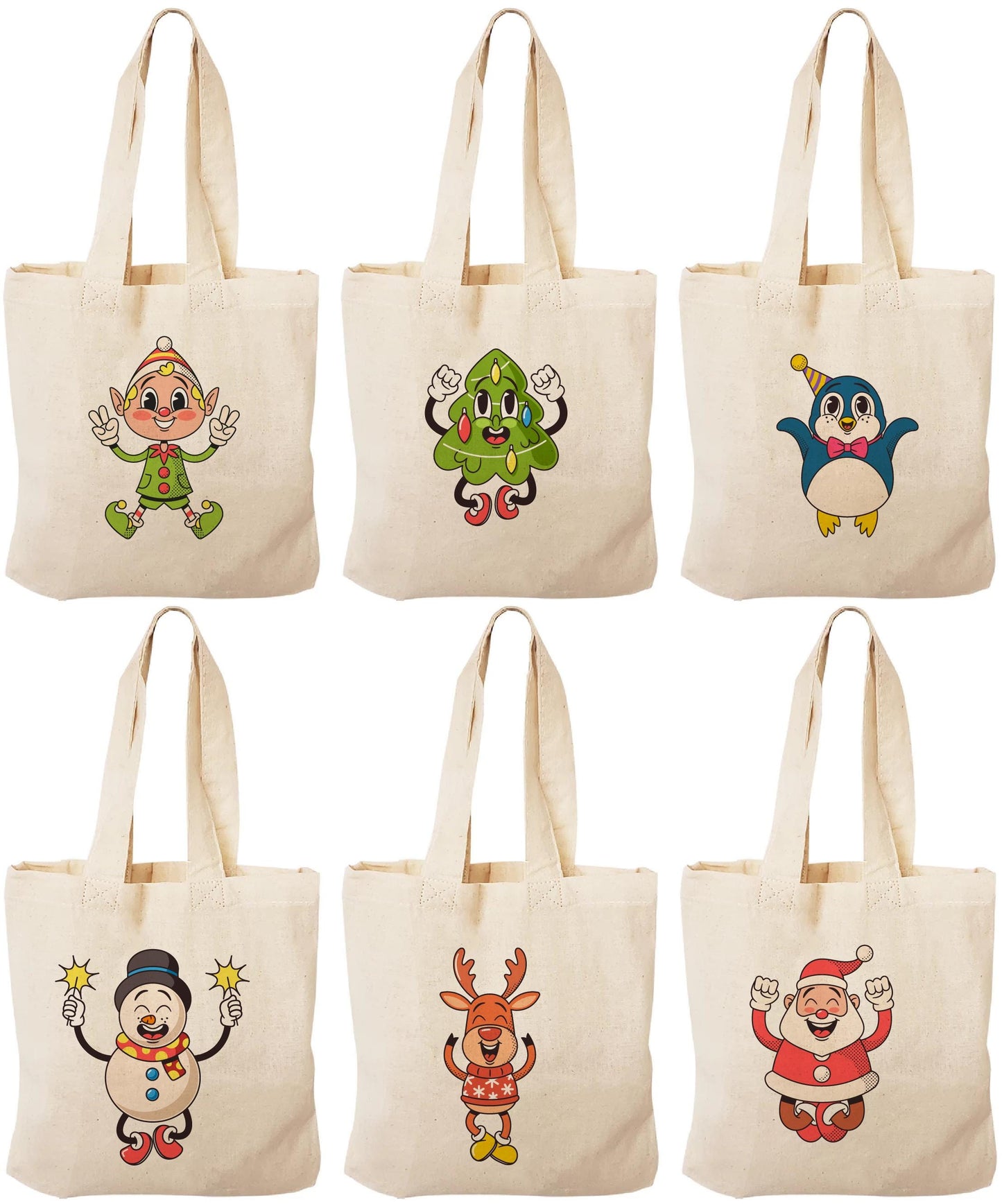 Retro Christmas Cotton Favor Bags – Set of 6, Vintage Characters