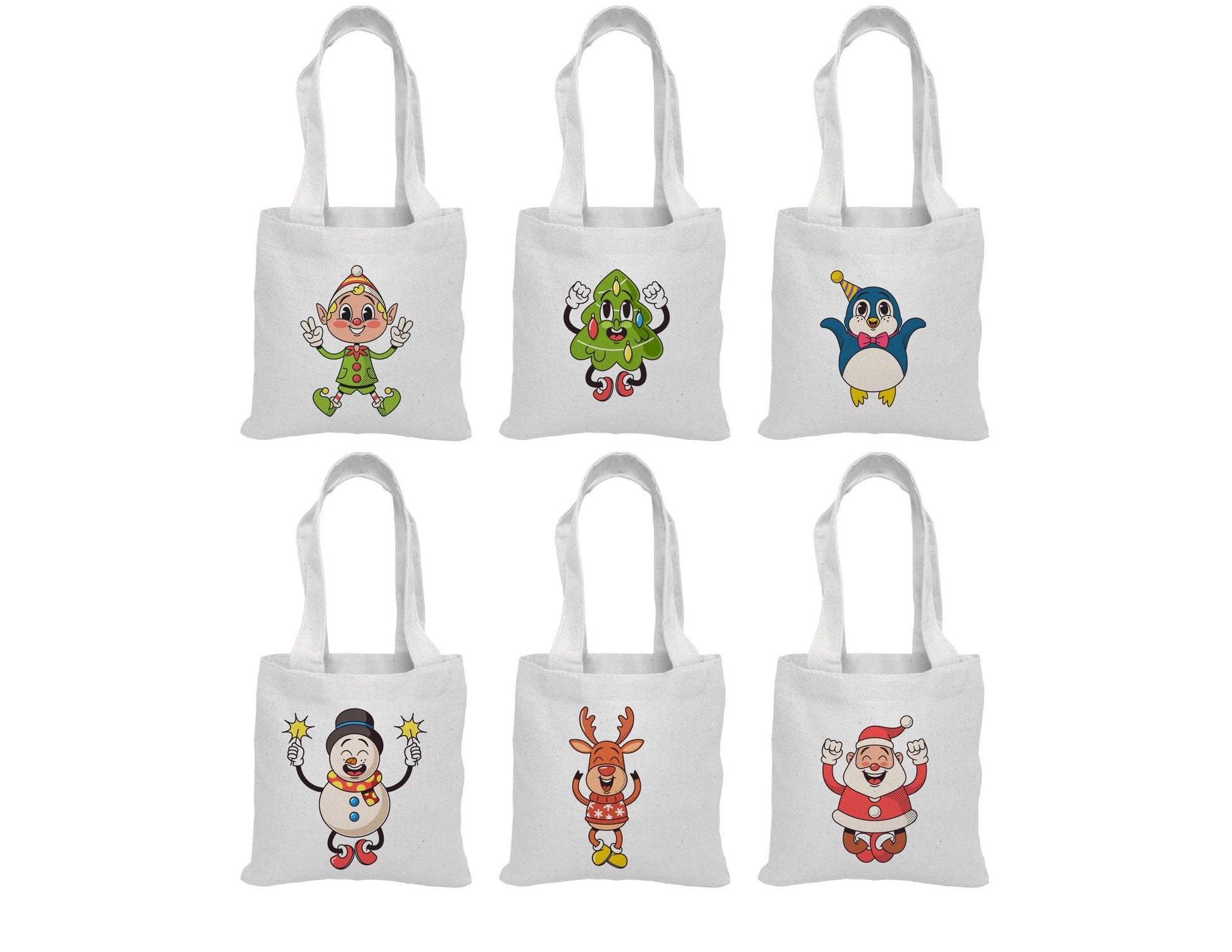 Retro Christmas Cotton Favor Bags – Set of 6, Vintage Characters