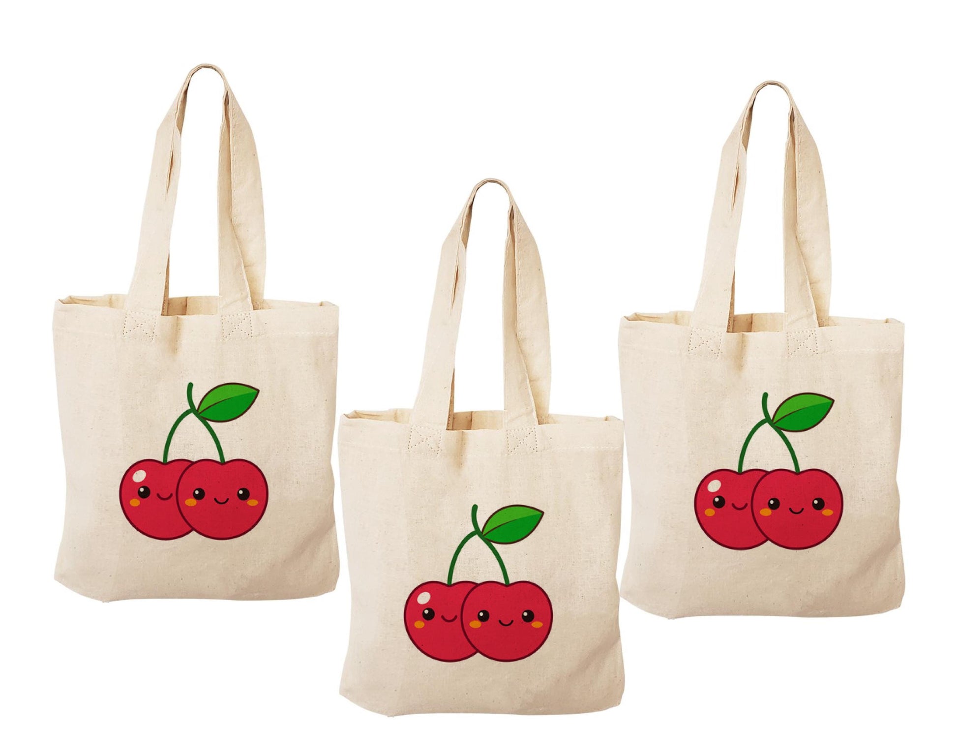 Cherry Party Favor Bags - Perfect for Cherry Themed Parties - Set of Three - Cotton Bags with Handles