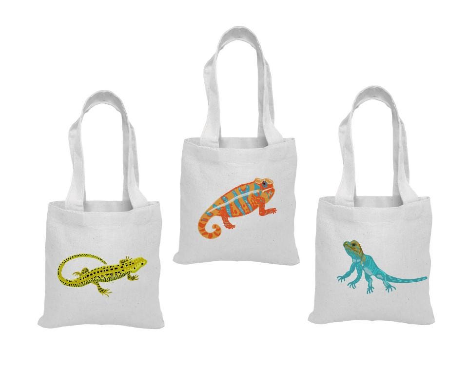 Lizard Party Favor Bags – Set of 3 Cotton Canvas Goodie Bags