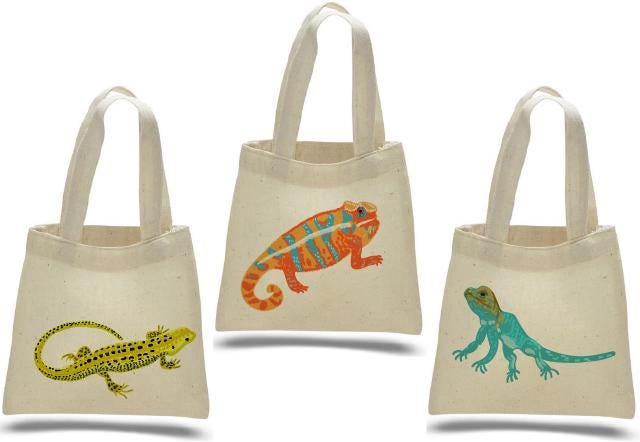 Lizard Party Favor Bags – Set of 3 Cotton Canvas Goodie Bags