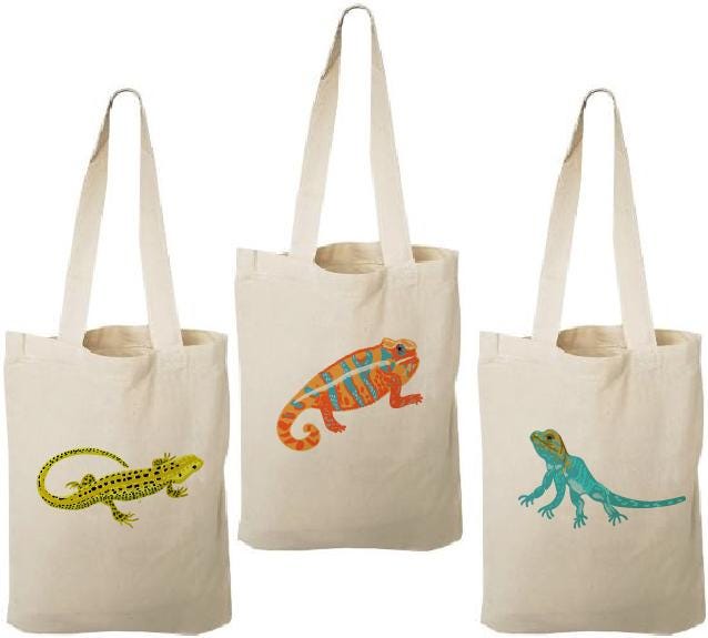 Lizard Party Favor Bags – Set of 3 Cotton Canvas Goodie Bags