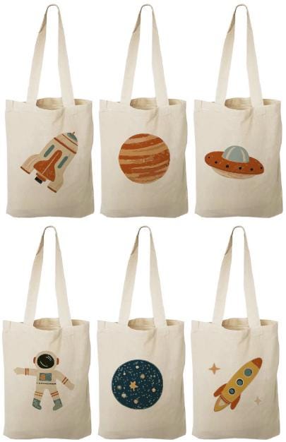 Space Party Favor Bags – Set of 6 Cotton Canvas Treat Bags