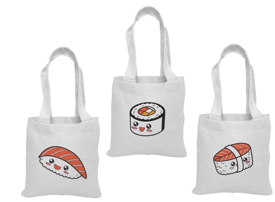 Sushi Party Favor Bags – Kawaii Cotton Treat Totes, Set of 3