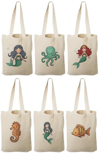 Mermaid Party Favor Bags, Sea Creature Canvas Totes, Set of 6