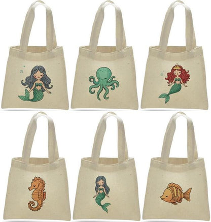 Mermaid Party Favor Bags, Sea Creature Canvas Totes, Set of 6