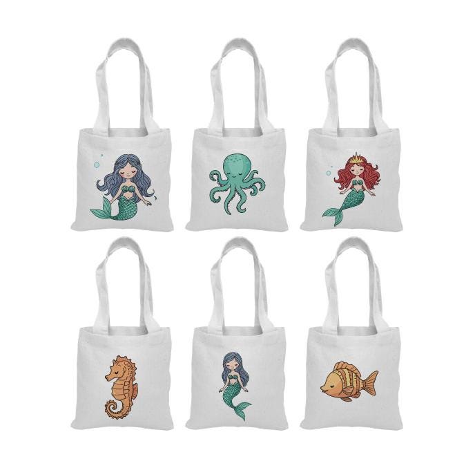 Mermaid Party Favor Bags, Sea Creature Canvas Totes, Set of 6