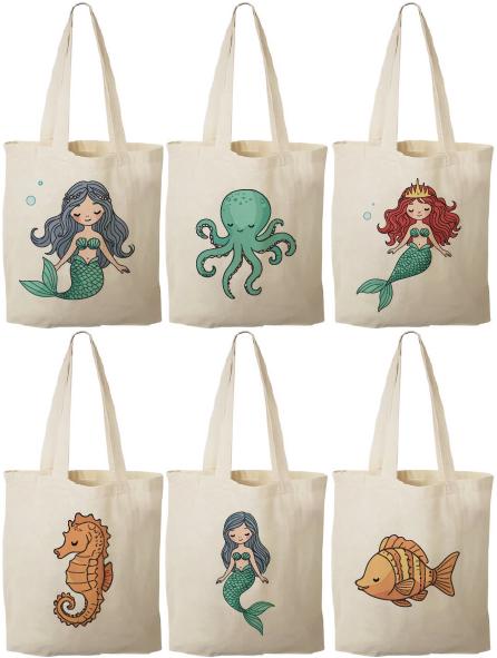 Mermaid Party Favor Bags, Sea Creature Canvas Totes, Set of 6
